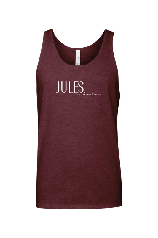 Maroon heathered jersey tank top with white Jules on Devonshire graphic text on the chest.