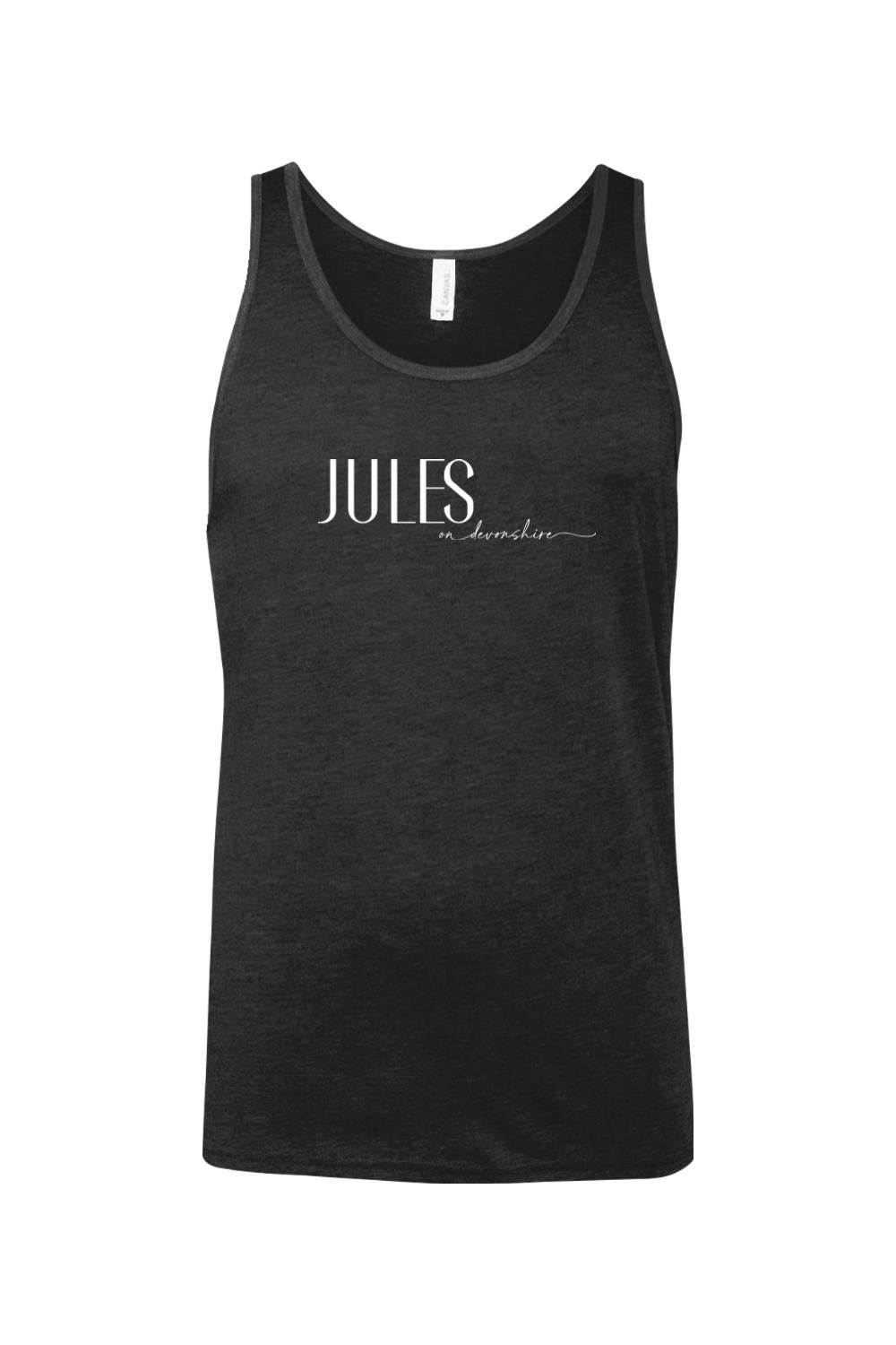 Charcoal grey unisex jersey tank top with white Jules on Devonshire logo graphic.