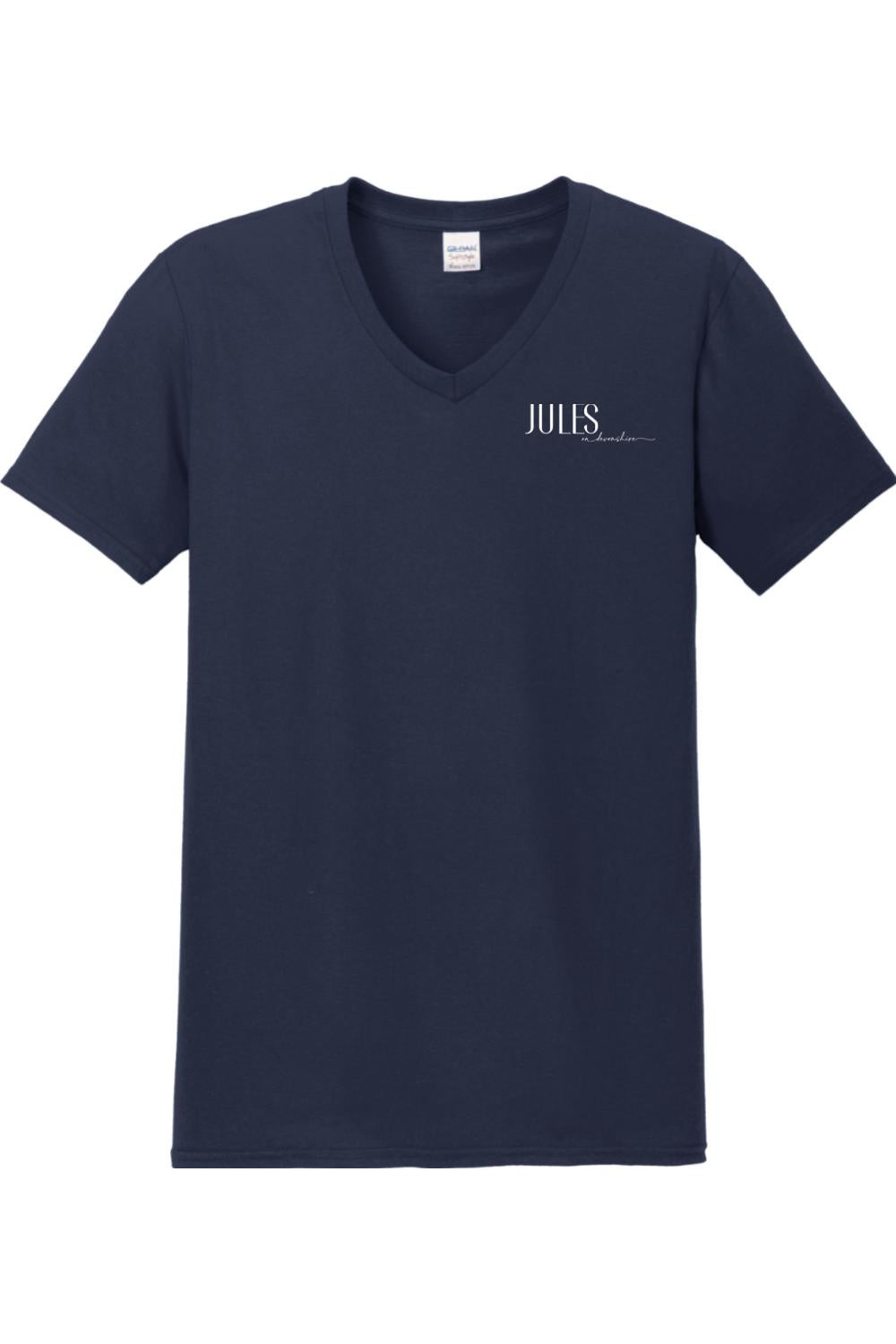 Navy blue unisex V-neck t-shirt featuring the white Jules on Devonshire logo on the left chest.