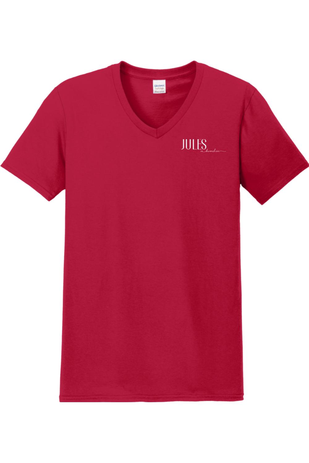 Red short-sleeve v-neck t-shirt featuring the white Jules on Devonshire logo on the left chest.