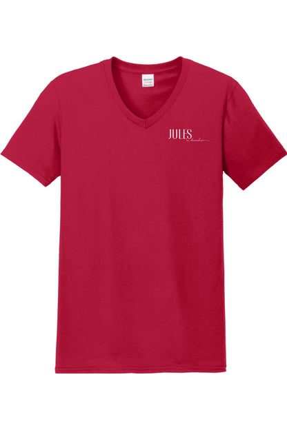 Red short-sleeve v-neck t-shirt featuring the white Jules on Devonshire logo on the left chest.