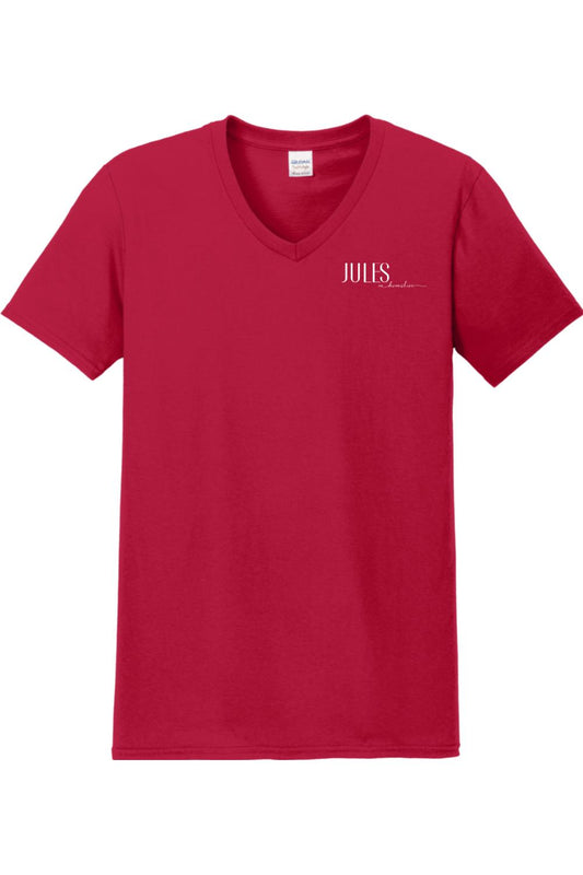 Red short-sleeve v-neck t-shirt featuring the white Jules on Devonshire logo on the left chest.