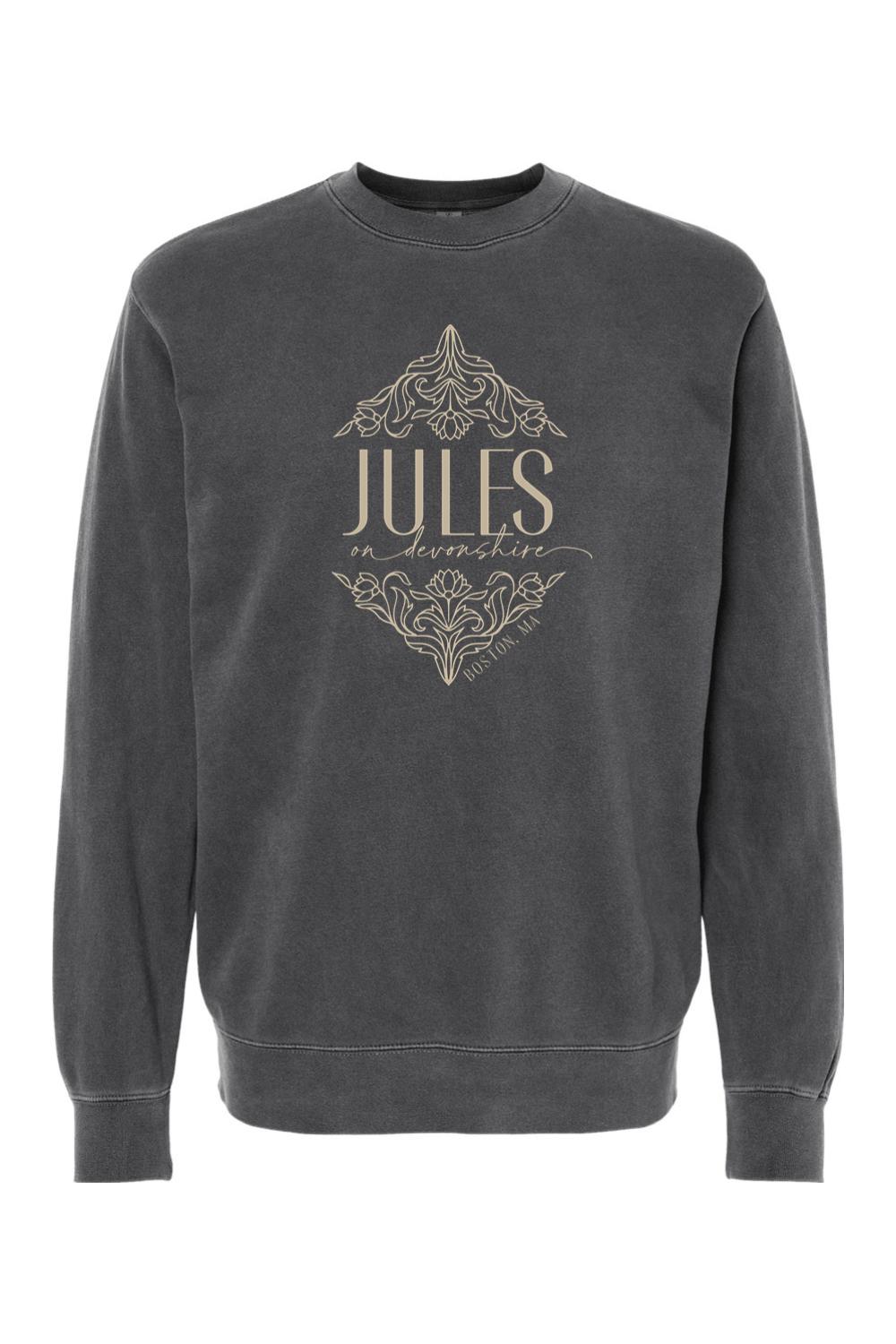 Charcoal pigment-dyed crewneck sweatshirt featuring a beige Jules on Devonshire Boston, MA floral graphic print.