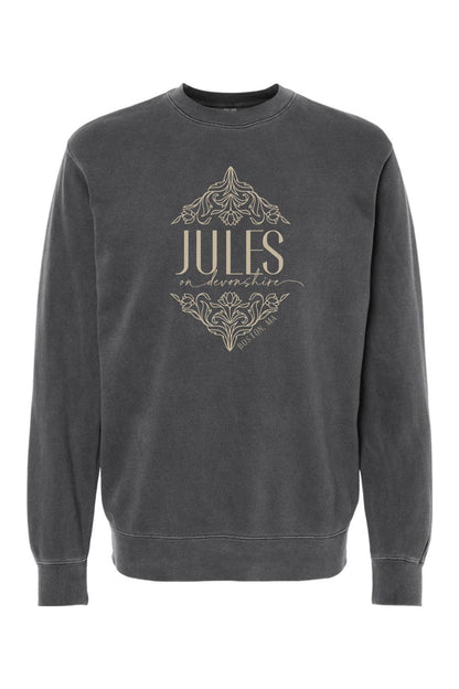 Charcoal pigment-dyed crewneck sweatshirt featuring a beige Jules on Devonshire Boston, MA floral graphic print.