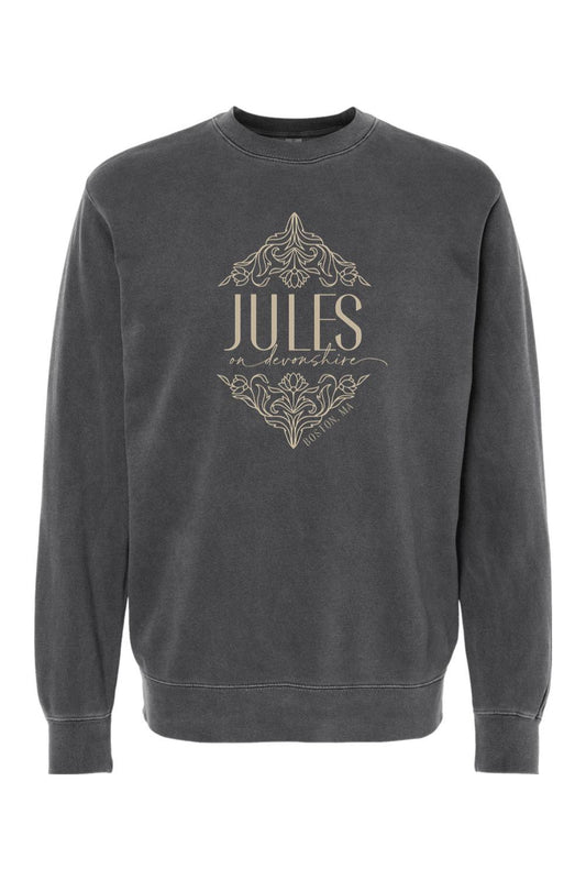 Charcoal pigment-dyed crewneck sweatshirt featuring a beige Jules on Devonshire Boston, MA floral graphic print.