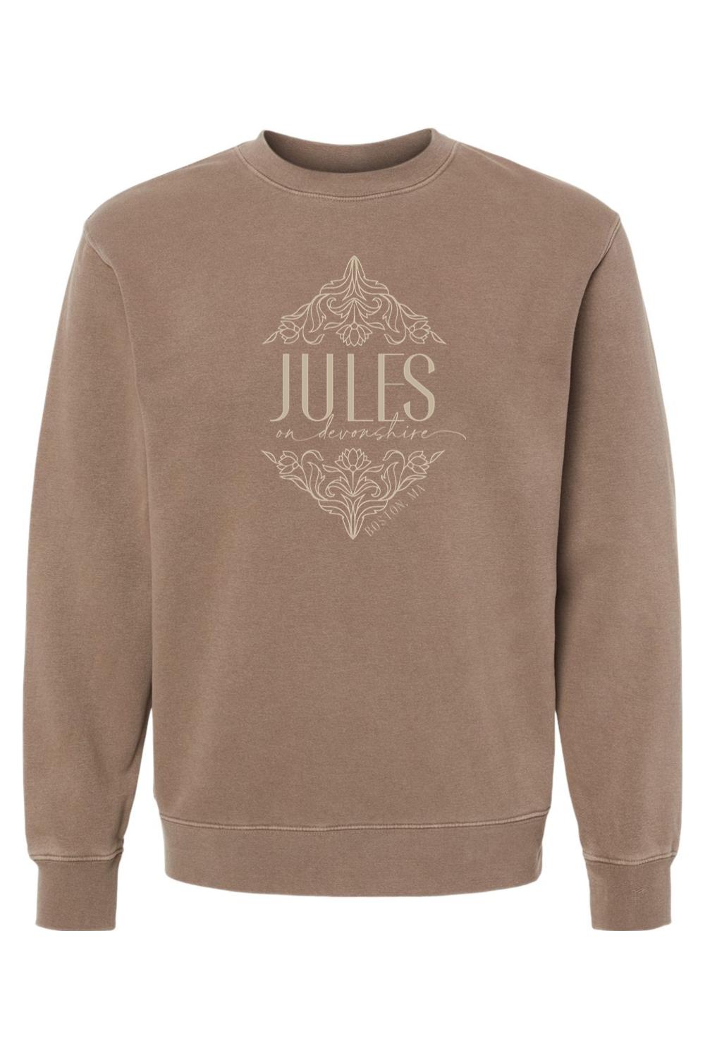 Brown pigment-dyed crewneck sweatshirt featuring a Jules on Devonshire floral graphic print on the chest.