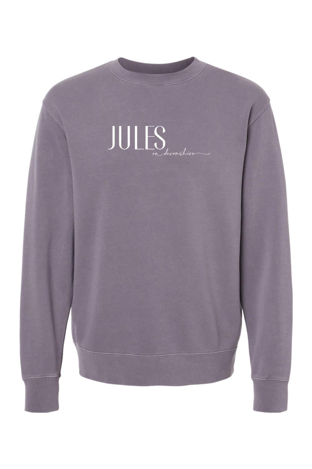 Pigment-dyed dusty purple crewneck sweatshirt with white Jules on Devonshire logo text on the chest.