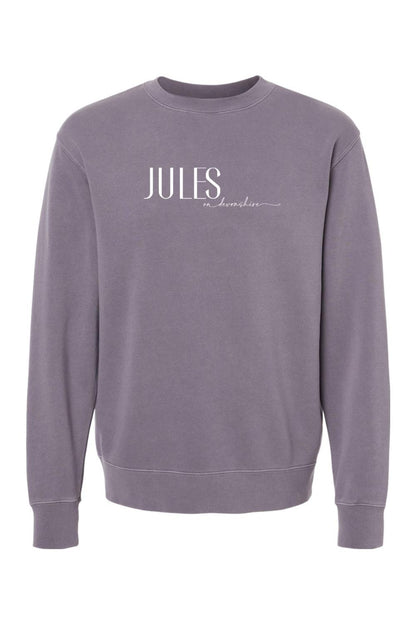 Pigment-dyed dusty purple crewneck sweatshirt with white Jules on Devonshire logo text on the chest.