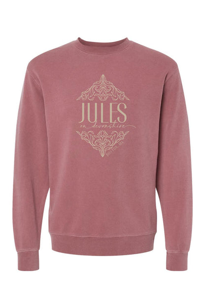 Dusty rose pigment-dyed crewneck sweatshirt featuring a cream-colored Jules on Devonshire Boston, MA floral graphic.
