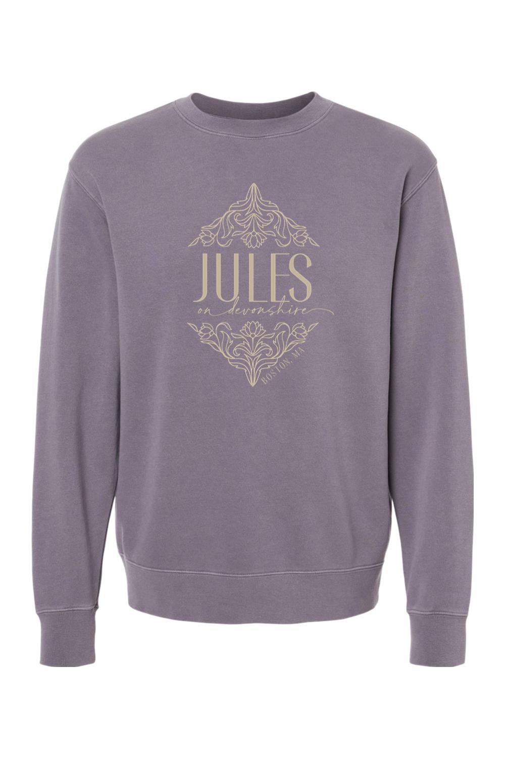 Pigment-dyed purple crewneck sweatshirt featuring a beige Jules on Devonshire Boston, MA floral graphic print.