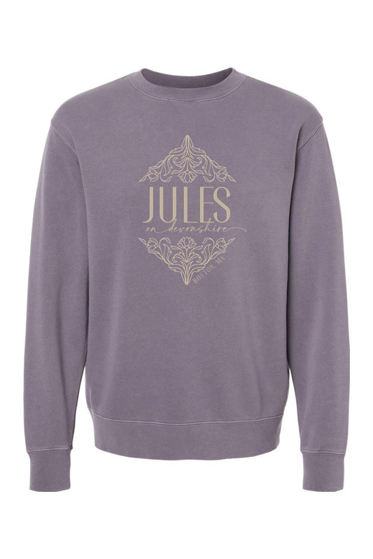 Pigment-dyed purple crewneck sweatshirt featuring a beige Jules on Devonshire Boston, MA floral graphic print.