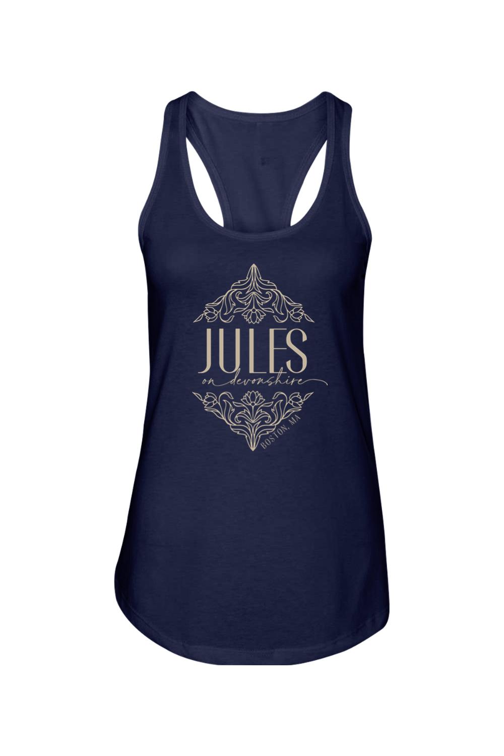 Navy blue women's racerback tank top with a gold floral graphic and Jules on Devonshire Boston, MA logo.