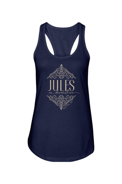 Navy blue women's racerback tank top with a gold floral graphic and Jules on Devonshire Boston, MA logo.