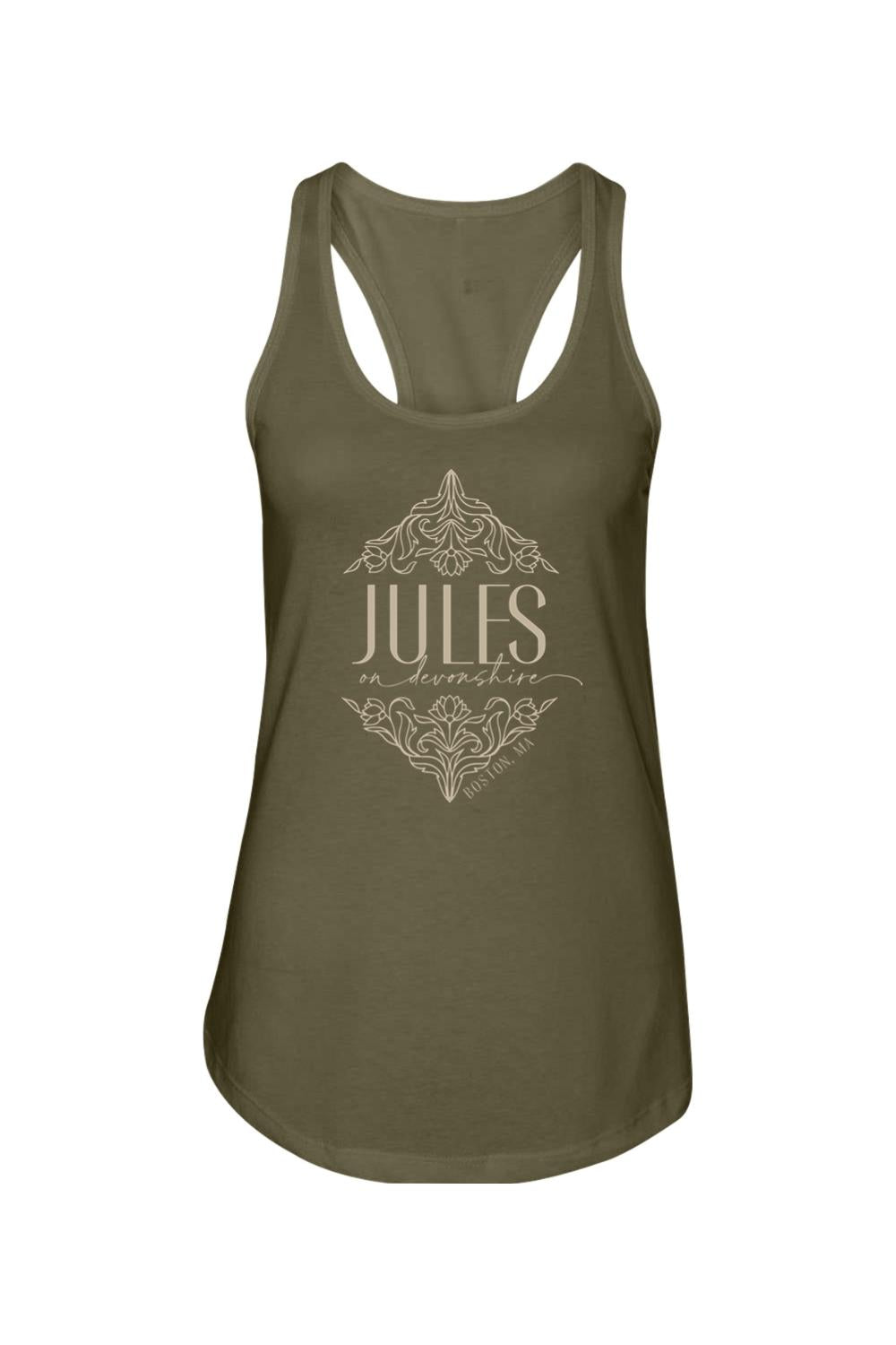 Olive green women's racerback tank top featuring a white Jules on Devonshire Boston, MA floral graphic print.