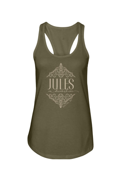 Olive green women's racerback tank top featuring a white Jules on Devonshire Boston, MA floral graphic print.