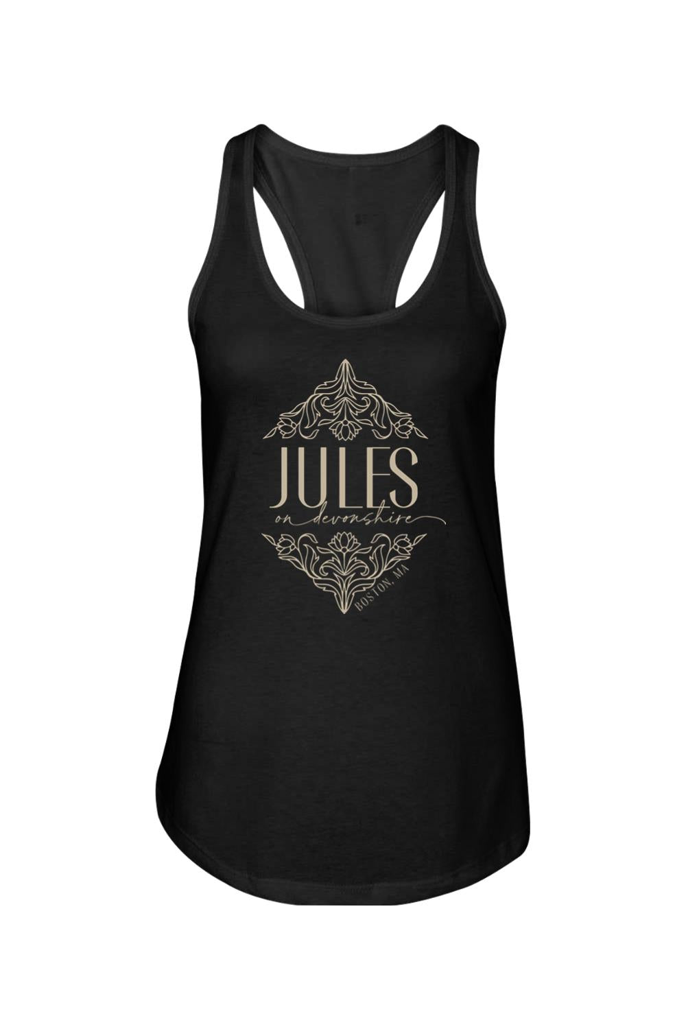 Black women's racerback tank top featuring a gold ornate floral graphic and Jules on Devonshire Boston, MA text.