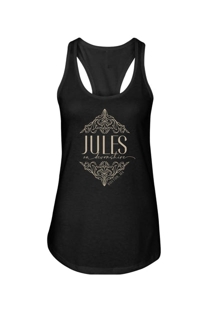 Black women's racerback tank top featuring a gold ornate floral graphic and Jules on Devonshire Boston, MA text.
