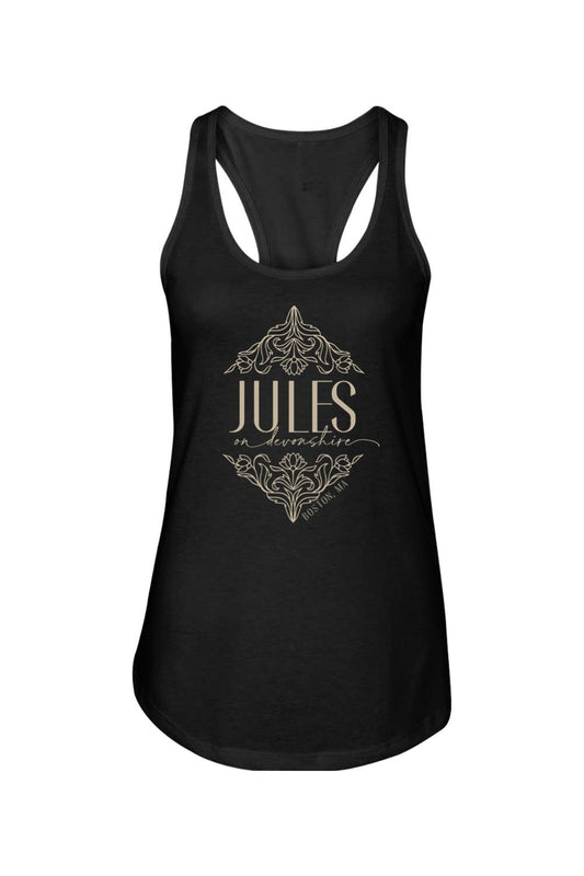 Black women's racerback tank top featuring a gold ornate floral graphic and Jules on Devonshire Boston, MA text.