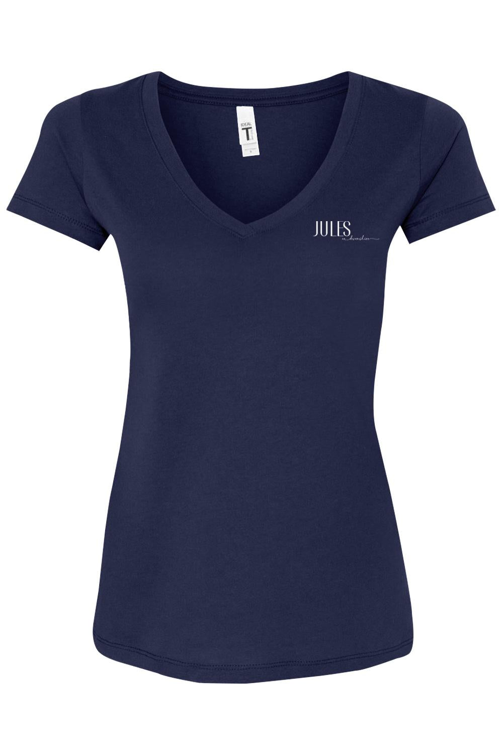 Navy blue women's V-neck T-shirt with a white Jules on Devonshire logo on the left chest.