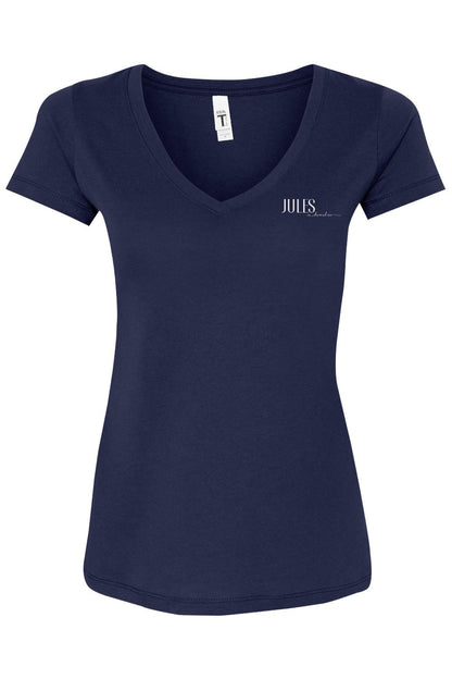 Navy blue women's V-neck T-shirt with a white Jules on Devonshire logo on the left chest.