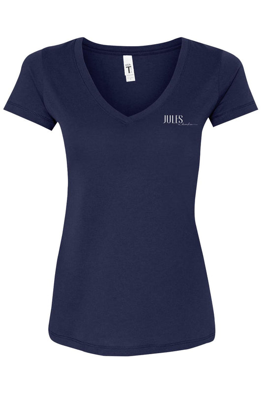 Navy blue women's V-neck T-shirt with a white Jules on Devonshire logo on the left chest.
