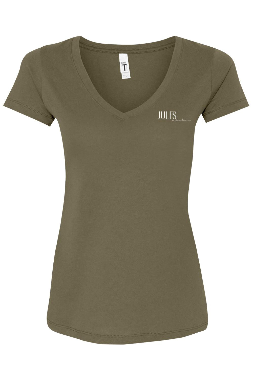 Olive green women's V-neck t-shirt with short sleeves and white Jules on Devonshire logo on the chest.