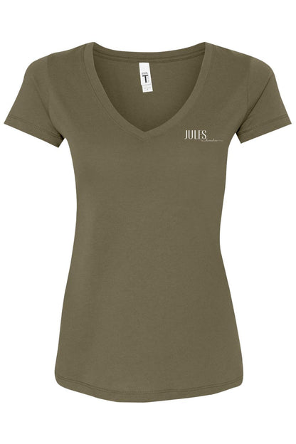 Olive green women's V-neck t-shirt with short sleeves and white Jules on Devonshire logo on the chest.