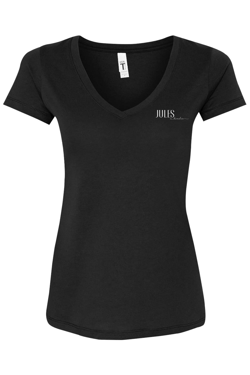 Black women's V-neck T-shirt with short sleeves and Jules on Devonshire logo printed on the chest.