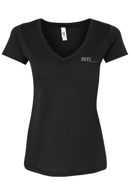 Black women's V-neck T-shirt with short sleeves and Jules on Devonshire logo printed on the chest.