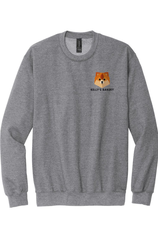 Sport grey fleece crewneck sweatshirt featuring a geometric dog logo and Kelly's Bakery text on the chest.