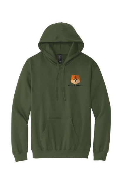 Olive green cotton hooded sweatshirt featuring a geometric dog logo and Kelly's Bakery text on the chest.
