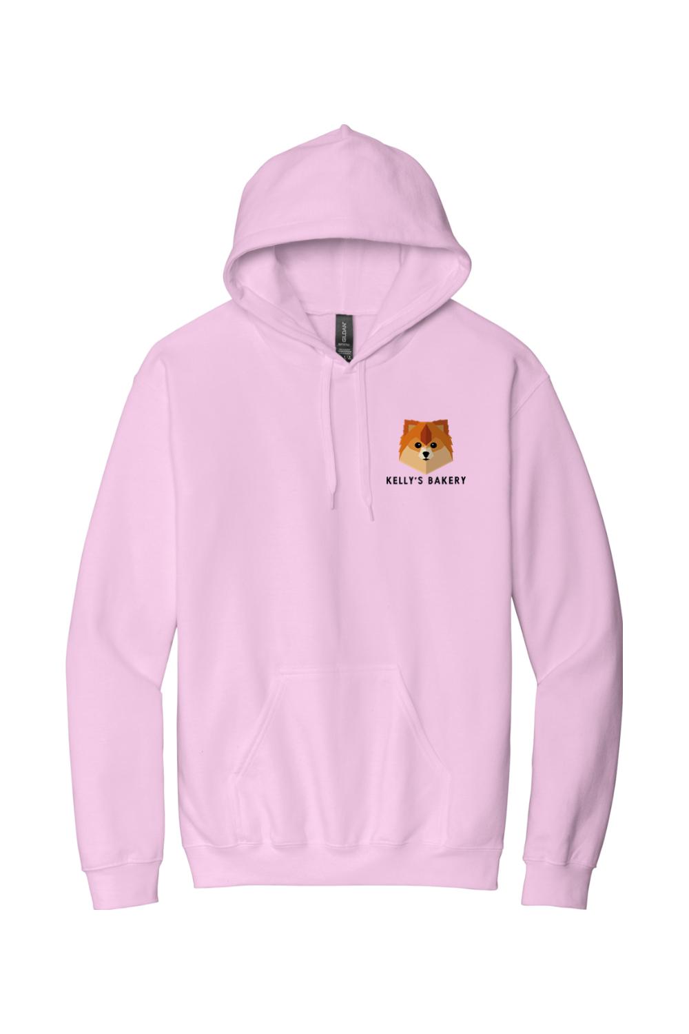 Light pink cotton hooded sweatshirt featuring a small Kelly's Bakery dog logo on the left chest.