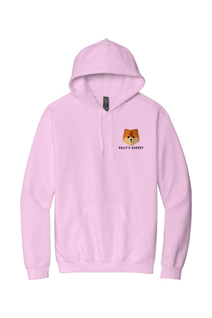 Light pink cotton hooded sweatshirt featuring a small Kelly's Bakery dog logo on the left chest.