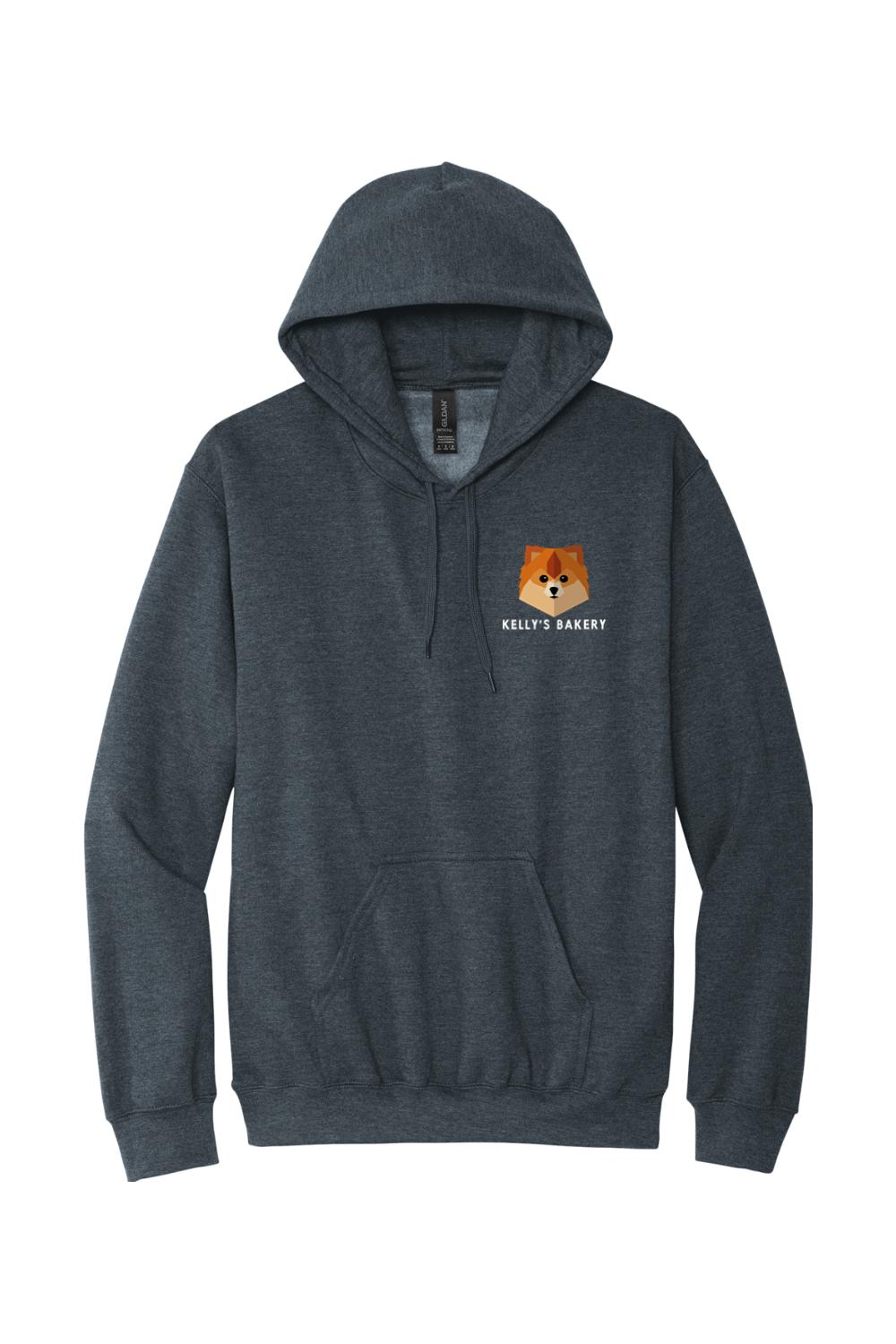 Dark heather grey unisex cotton hoodie featuring a small Kelly's Bakery logo with a stylized dog icon on the chest.