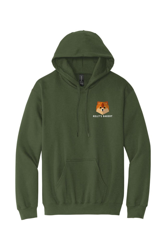 Olive green cotton hooded sweatshirt with a Kelly's Bakery logo featuring a stylized dog graphic on the chest.