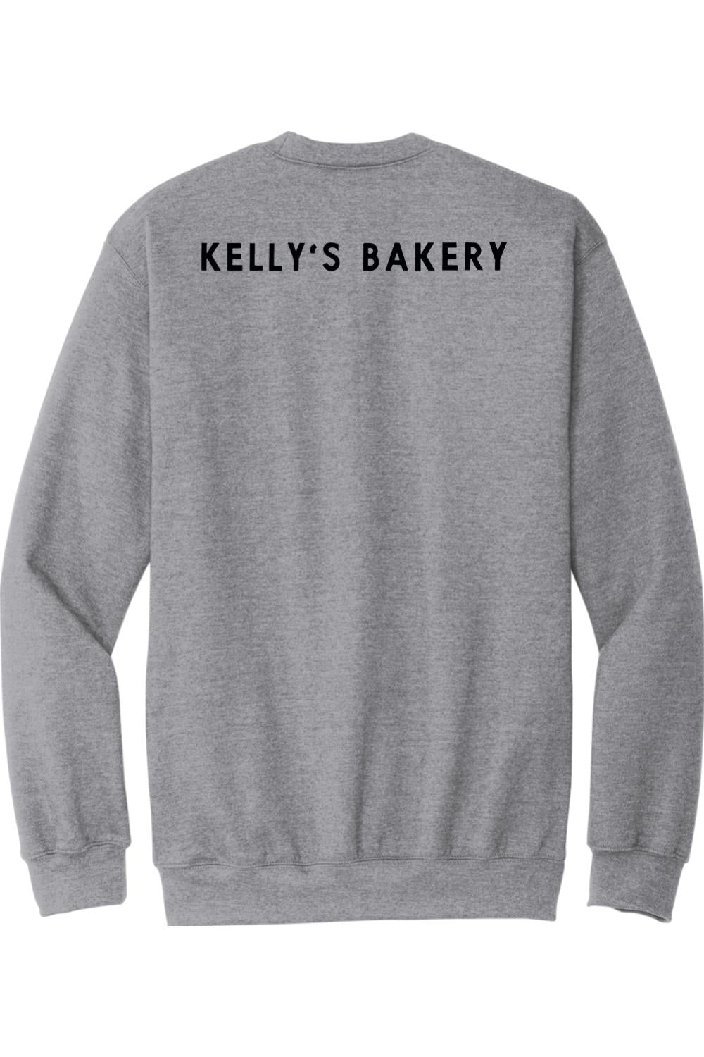 Sport grey fleece crewneck sweatshirt featuring Kelly's Bakery printed in black lettering on the back.