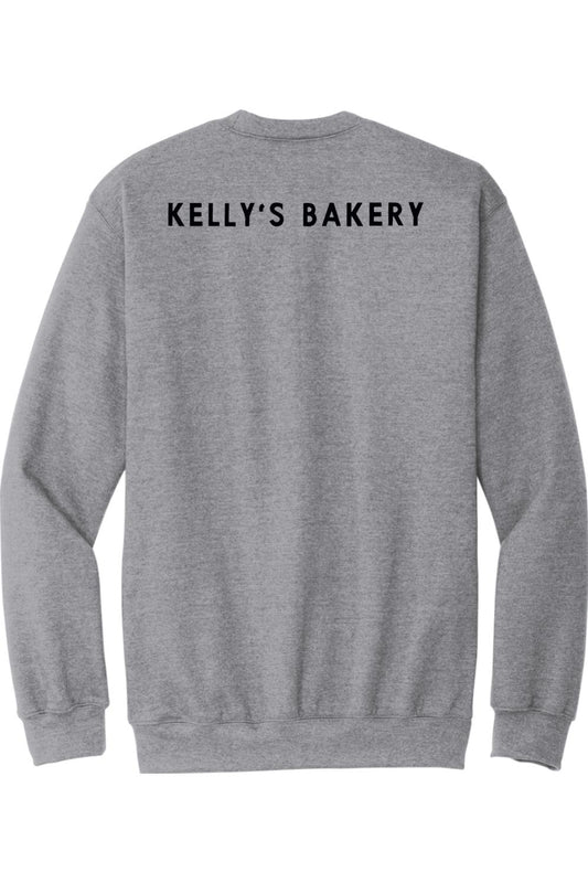 Sport grey fleece crewneck sweatshirt featuring Kelly's Bakery printed in black lettering on the back.