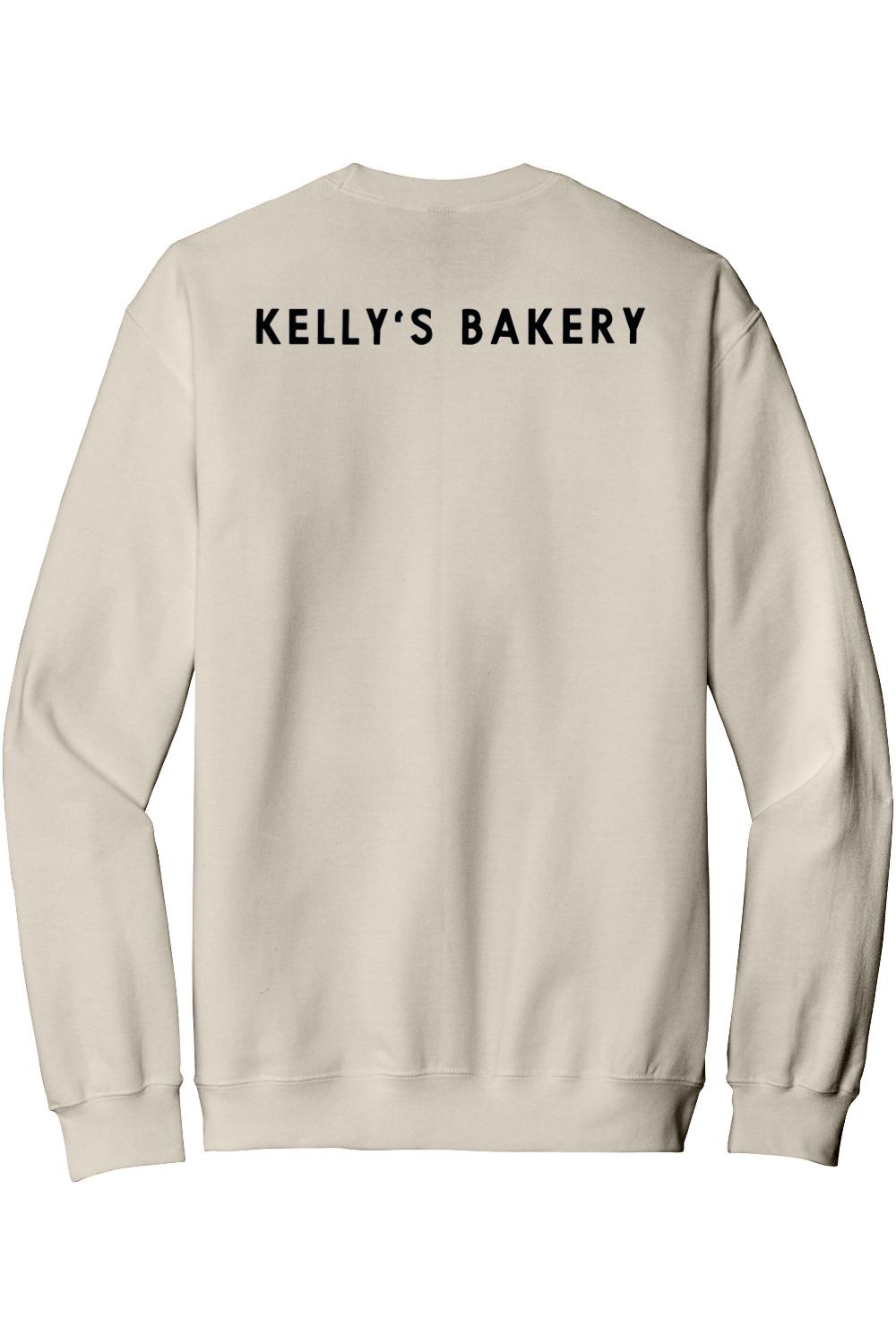 Beige fleece crewneck sweatshirt featuring Kelly's Bakery printed in black lettering on the back.