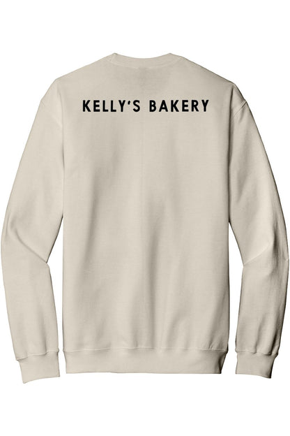 Beige fleece crewneck sweatshirt featuring Kelly's Bakery printed in black lettering on the back.