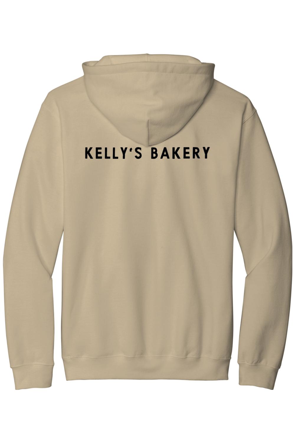 Beige cotton hooded sweatshirt featuring Kelly's Bakery printed in black text on the back.