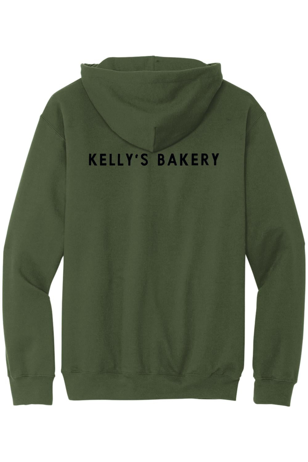 Olive green cotton hooded sweatshirt with Kelly's Bakery printed in black text on the back.
