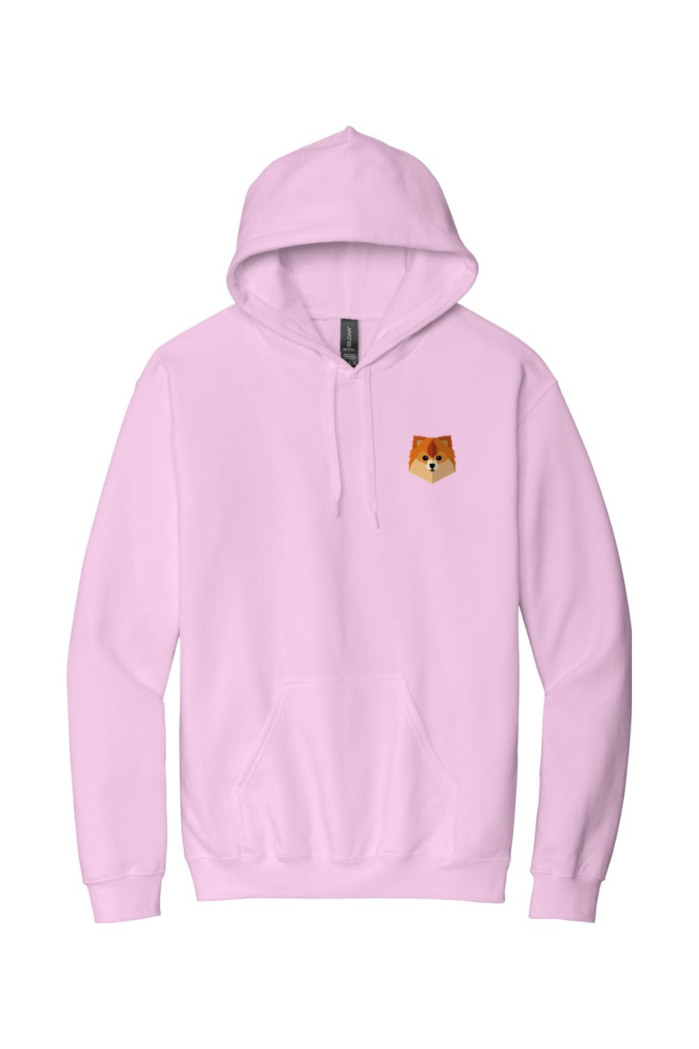 Light pink cotton hooded sweatshirt featuring a small geometric dog logo on the left chest.