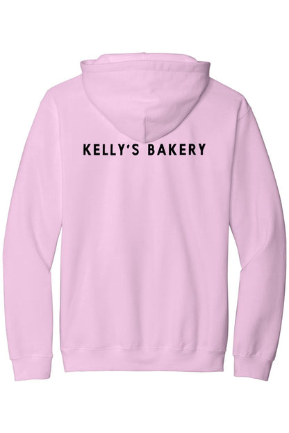 Light pink cotton hooded sweatshirt featuring Kelly's Bakery printed in black text on the back.