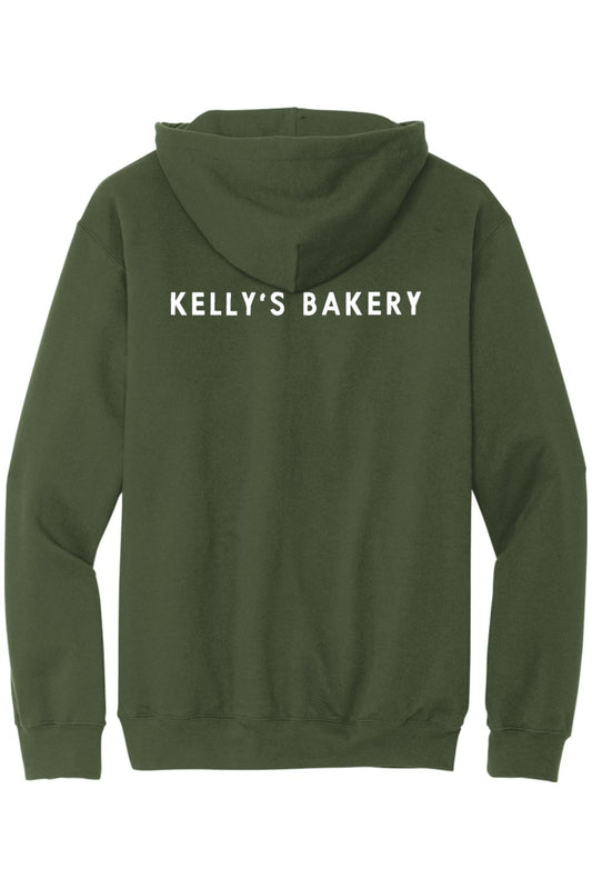 Olive green cotton hooded sweatshirt featuring a white Kelly's Bakery logo printed on the back.