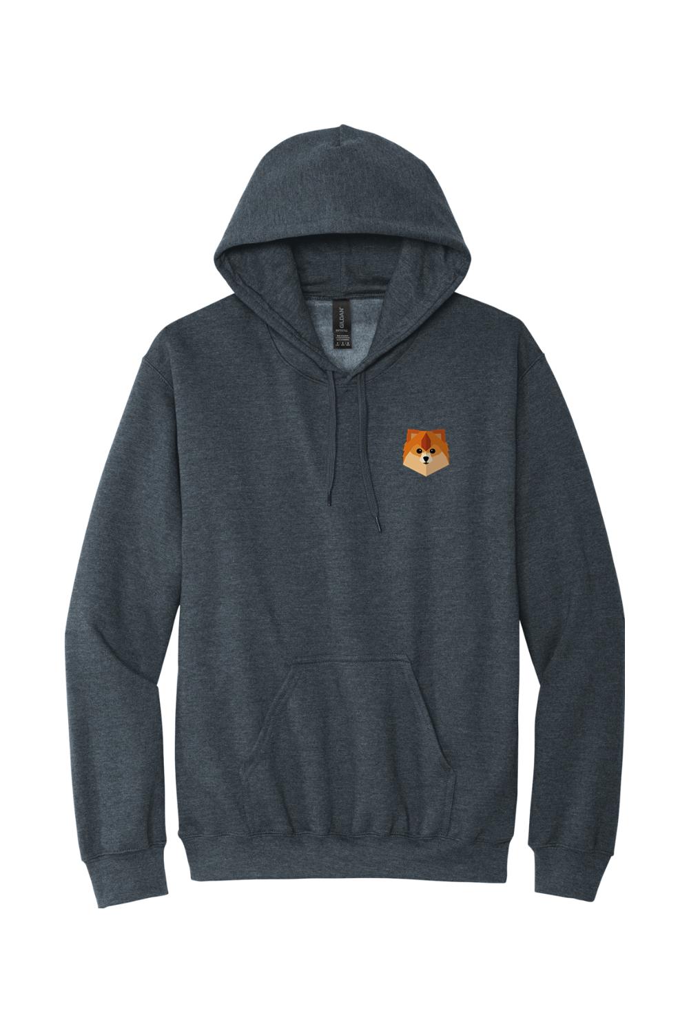 Dark charcoal grey cotton hooded sweatshirt featuring a small geometric fox logo on the left chest.