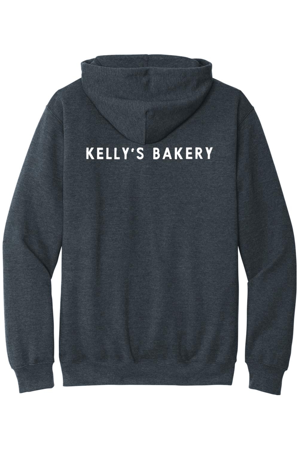 Dark charcoal grey unisex hooded sweatshirt featuring the white Kelly's Bakery logo printed on the back.