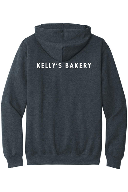Dark charcoal grey unisex hooded sweatshirt featuring the white Kelly's Bakery logo printed on the back.