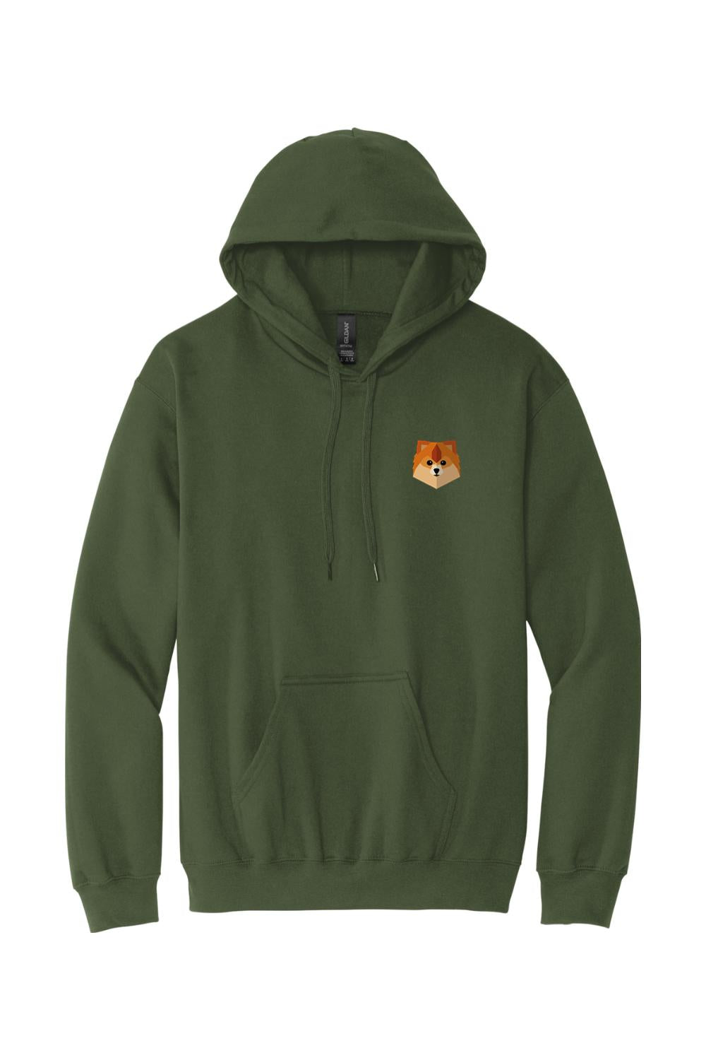 Olive green cotton pullover hoodie featuring a small geometric dog logo on the left chest and a front kangaroo pocket.