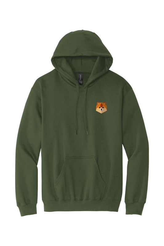 Olive green cotton pullover hoodie featuring a small geometric dog logo on the left chest and a front kangaroo pocket.