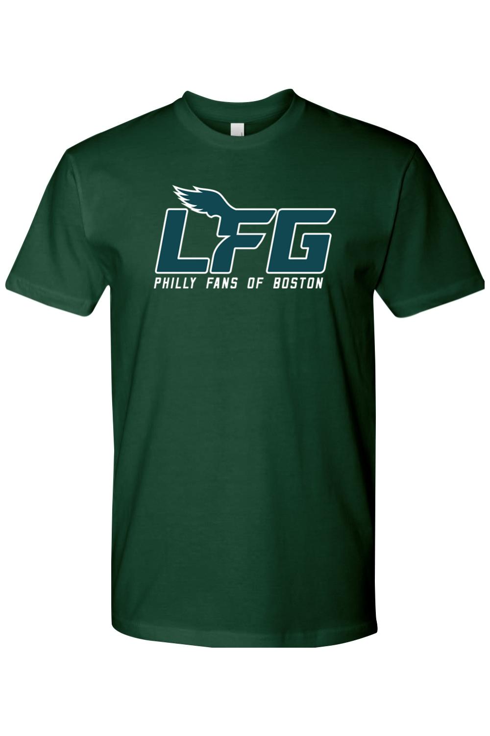 Dark green cotton crewneck t-shirt featuring a white LFG Philly Fans of Boston graphic with an eagle wing design.